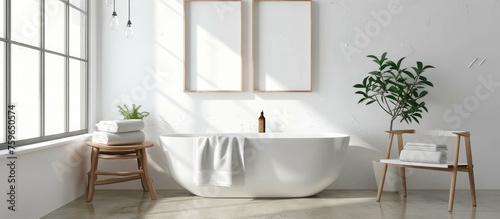 Scandinavian bathroom with classic vintage interior design. Mockup with empty paintings. © Vusal