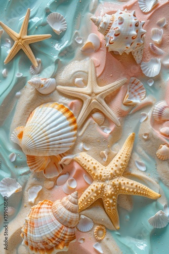 Concept of summer featuring a sandy beach, seashells, and starfish