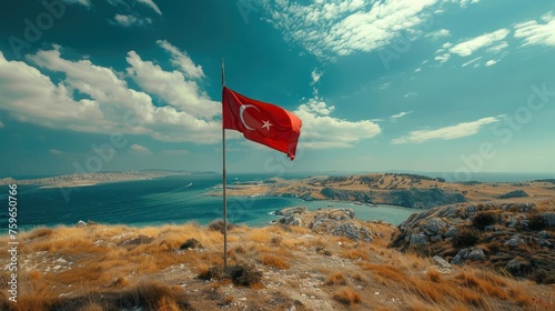 A Turkish national flag is displayed on a pole outdoors