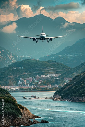 An airplane is departing from an airport, flying over stunning mountains and ...