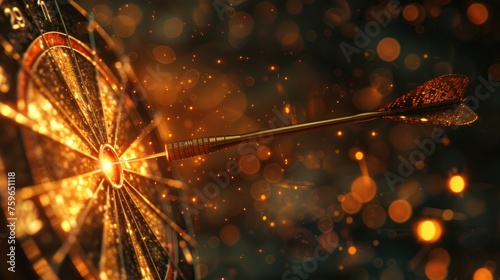 A dart hitting a target with an arrow against a blurred bokeh background