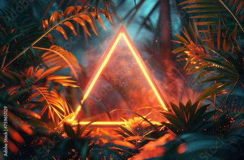 neon bright triangle text surrounded by tropical foliage