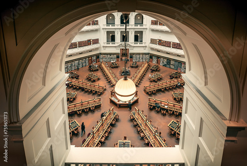 The view of the La Trobe Reading Room in the State Library of Victoria from the Dome balcony