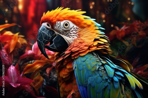 a parrot sitting near tropical leaves