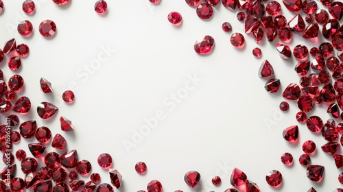 Ruby gemstones scattered on a white background with empty space in the center