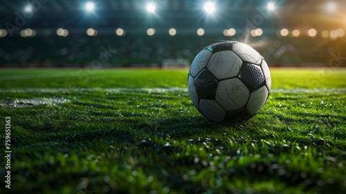 Soccer ball on field with stadium lighting, evening match.