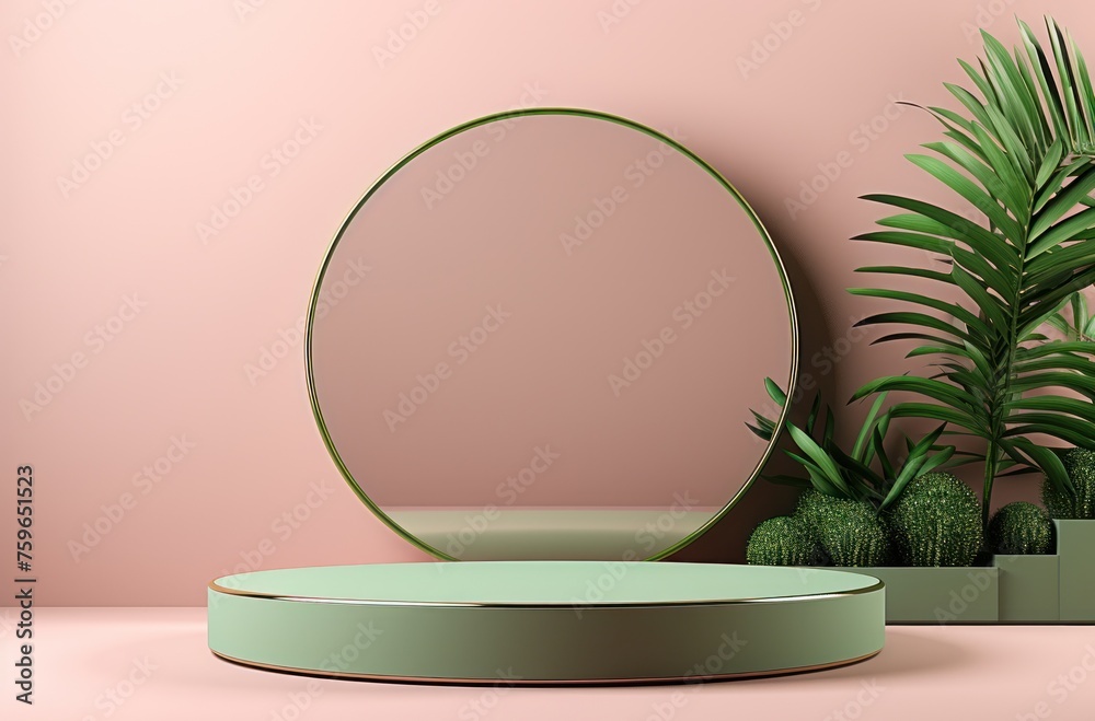 green cosmetics pedestal on pink wall with a green plant in background