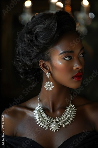 A stunning woman wearing elegant jewelry in a dark setting