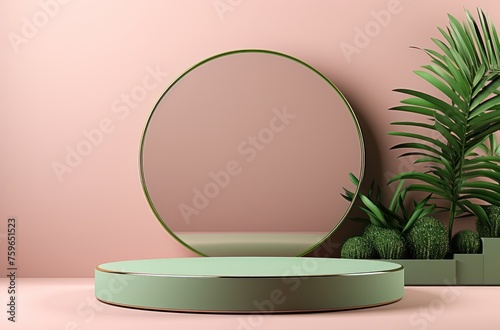 green cosmetics pedestal on pink wall with a green plant in background