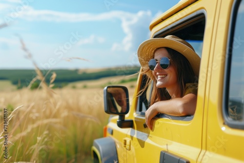 Happy woman enjoying a car journey on a summer road trip, happy young smiling girl wearing sunglasses and a hat sitting on the car window open leaning out from the car door looking at the landscape 