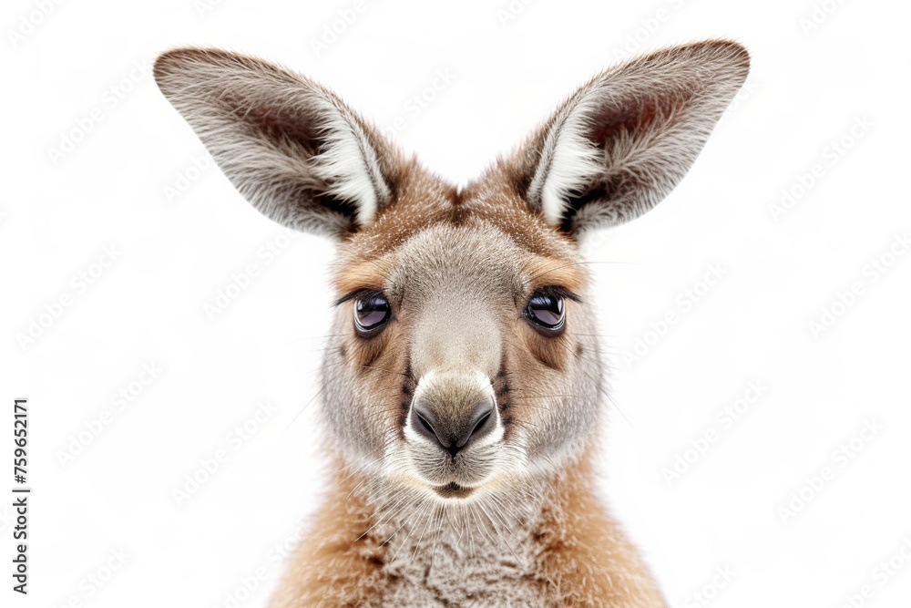 Closeup of curious kangaroo looking directly at camera against white background with copy space