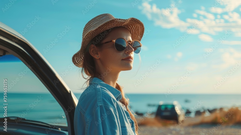 Young woman in straw hat standing against car and looking at sea view from a high cliff, Travel concept for a summer vacation or holiday trip with young people in the vehicle in the style of sea.