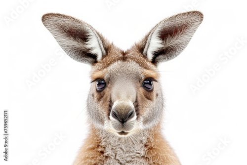 Closeup of curious kangaroo looking directly at camera against white background with copy space
