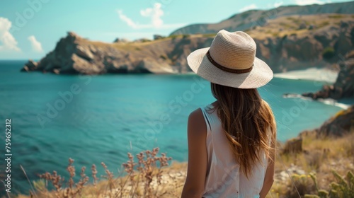 A young woman in a summer straw hat is sit on top of a cliff, looking at a sea view landscape with a blue sky. Travel concept for a couple or family road trip