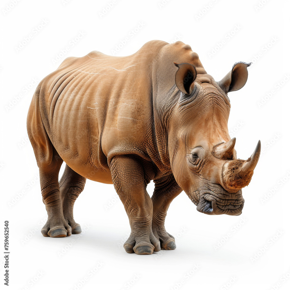 A highly detailed and realistic model of a rhinoceros stands against a pure white background.