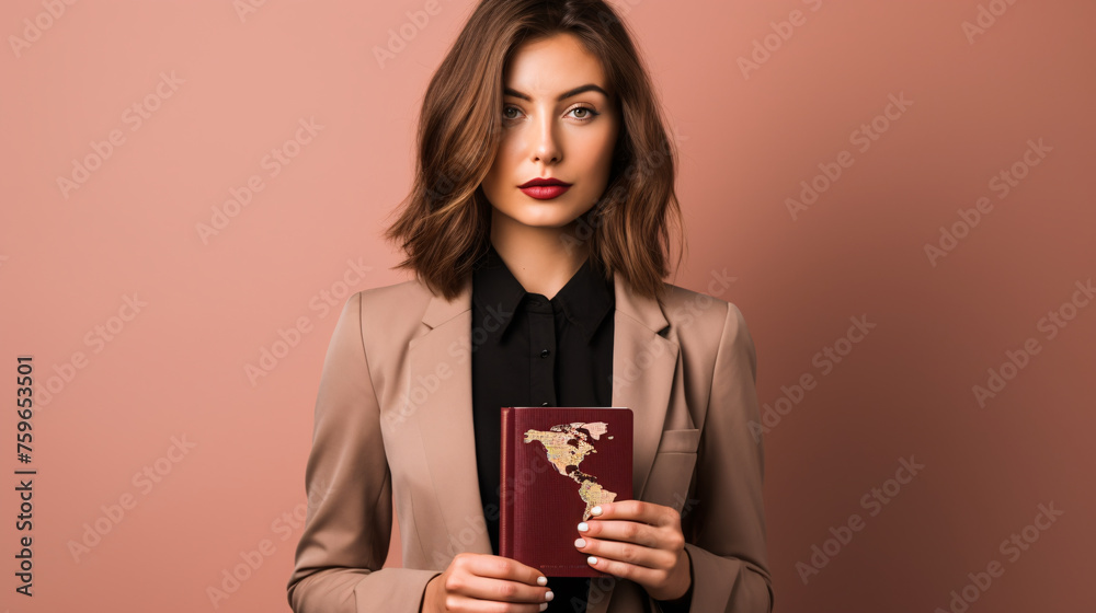 woman with passport standing over isolated background. - obrazy, fototapety, plakaty 