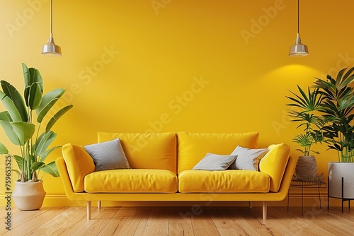 Cosy modern living room interior with yellow sofa and decoration room on a yellow or white wall background | Minimal concept. interior of living yellow