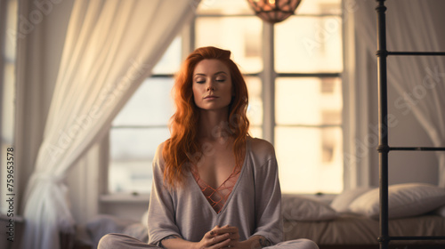 Sweet morning escape, beautiful young redhead woman finds balance and relaxation, meditating in a peaceful yoga exercise pose sitting on her cozy bed at her charming apartment bedroom.