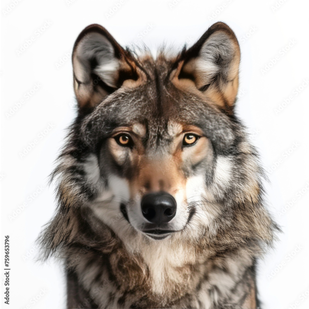 A close-up portrait of a majestic grey wolf with intense eyes against a white background.