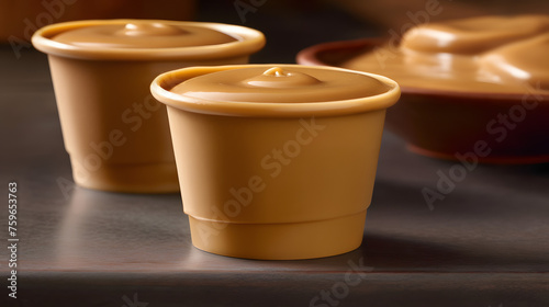 Scoops of ice cream with caramel sauce in paper cup