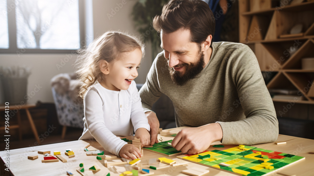 Fototapeta premium Teacher and toddler playing with maths puzzle game sitting on table at kindergarten.