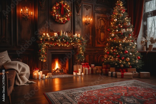 Cozy Christmas evening in the living room with a fireplace and a Christmas tree decorated with garland lights and gifts. Christmas magic. Classic warm New Year s interior.