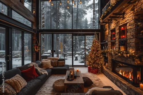 Cozy dark rustic living room with big floor to ceiling windows and a fireplace, decorated for Christmas.