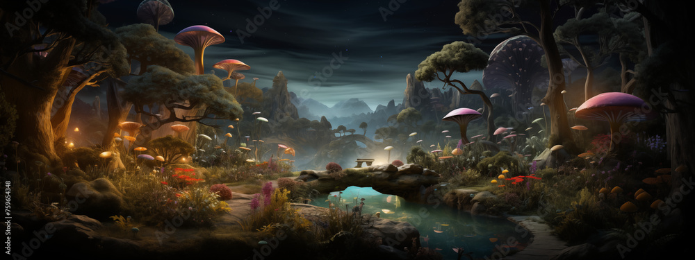 Fantasy Mushroom Glade with Luminous Flora - obrazy, fototapety, plakaty 