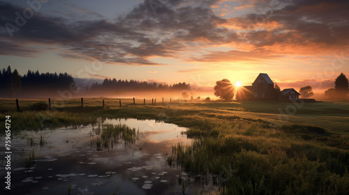 Village landscape from the morning, small wooden houses on the background of a foggy morning.