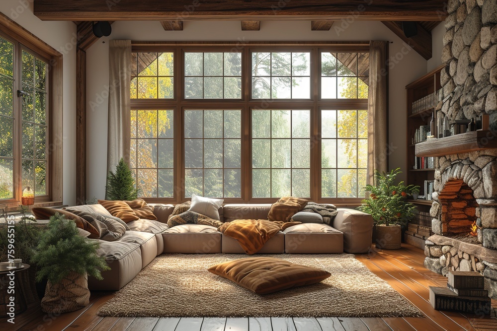 Cozy living room interior with couch and armchairs with fireplace, window