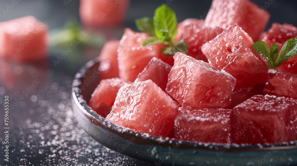 Watermelon cubes dusted with sugar on a plate Watermelon cubes dusted with sugar on a plate