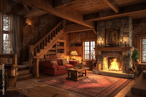 cozy living room in the chalet, wood trim, fireplace © interior