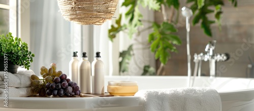 White tub and bodycare products in a bathroom interior with a grape-shaped hanging lamp.