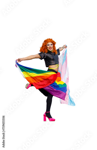 A drag queen with red hair is holding a rainbow and queer flag on transparent background, pride month
