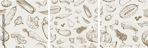 Ripe vegetables and fruits sketches seamless patterns, contour hand drawings, vector backgrounds, paper,wallpaper,textile, fabric