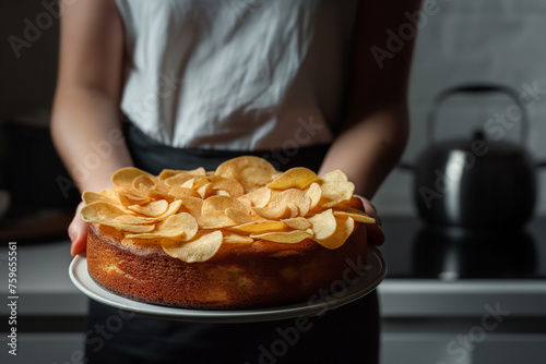 round cake covered with poptetos chips on ceramic platr photo