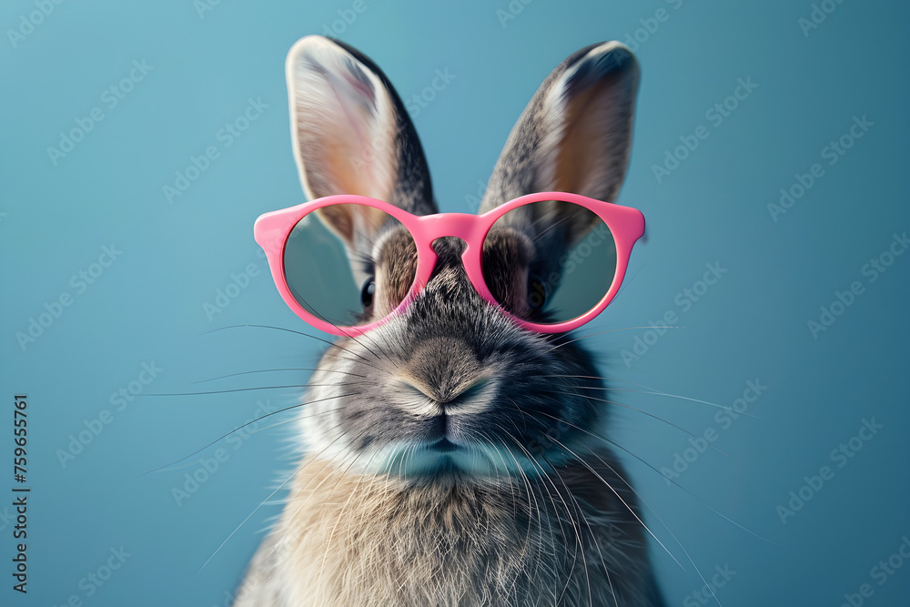 A whimsical Easter bunny portrait wearing pink glasses, exuding joy and celebration.