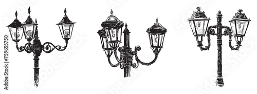 Streetlights architectural details vintage double triple retro style metal glass lantern set, vector hand drawings isolated on white