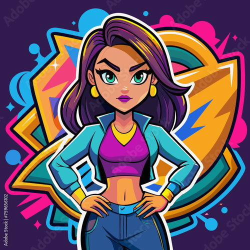 Sticker featuring a stylish girl striking a confident pose against a backdrop of vibrant graffiti, adding urban flair to t-shirt designs