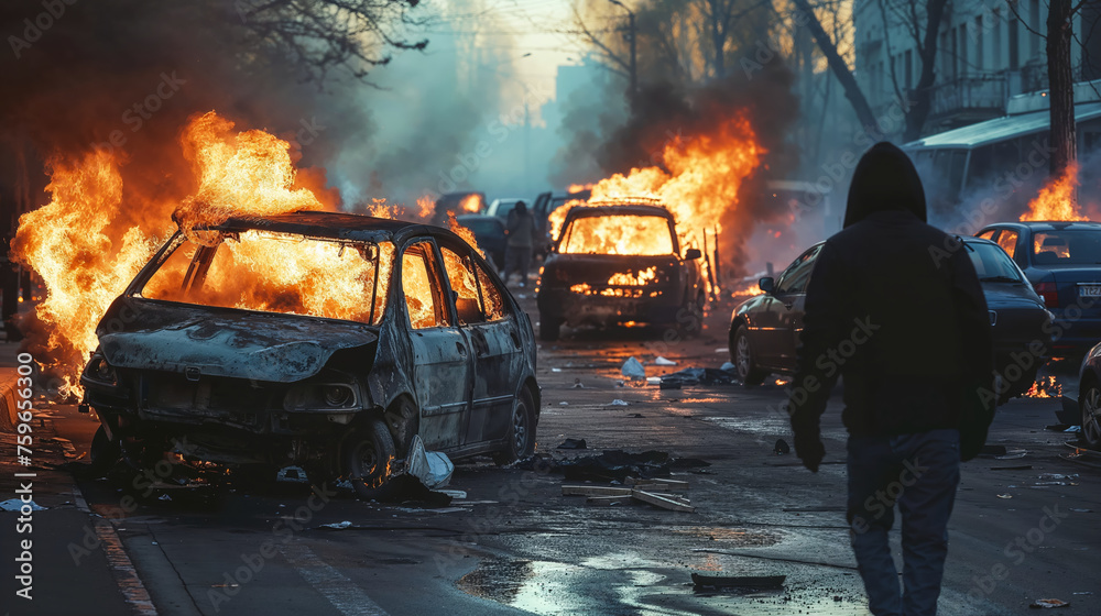 Urban chaos with multiple vehicles ablaze in street riot. Vivid flames and smoke set against dimming light create striking visual impact. Ideal for content related to civil unrest or conflict. - obrazy, fototapety, plakaty 