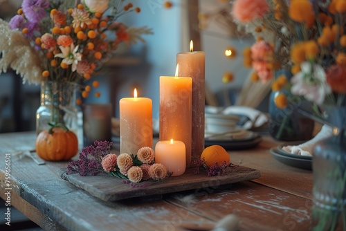 Dining room decor, interior design and autumn holiday celebration, elegant autumnal table decoration with candles and flowers, home decor and country cottage style