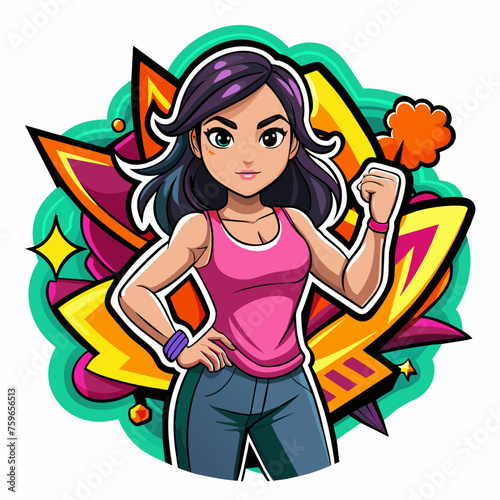 Sticker featuring a stylish girl striking a confident pose against a backdrop of vibrant graffiti, adding urban flair to t-shirt designs