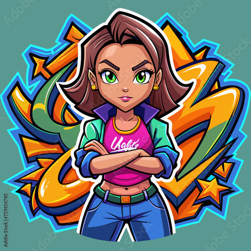 Sticker featuring a stylish girl striking a confident pose against a backdrop of vibrant graffiti, adding urban flair to t-shirt designs