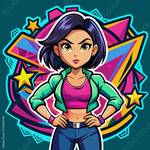 Sticker featuring a stylish girl striking a confident pose against a backdrop of vibrant graffiti, adding urban flair to t-shirt designs