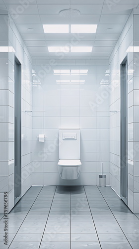 frontal view of a modern restroom with empty walls