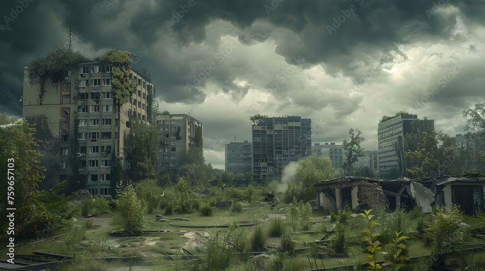 Obraz premium Post-apocalyptic cityscape with abandoned buildings under stormy skies. dark, moody atmosphere in a deserted urban area. evocative of dystopian fiction. AI