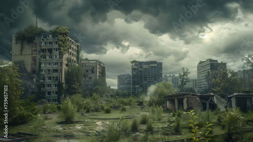 Post-apocalyptic cityscape with abandoned buildings under stormy skies. dark, moody atmosphere in a deserted urban area. evocative of dystopian fiction. AI