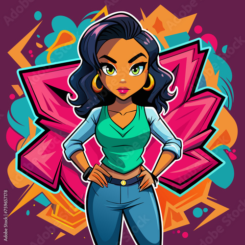 Sticker featuring a stylish girl striking a confident pose against a backdrop of vibrant graffiti, adding urban flair to t-shirt designs