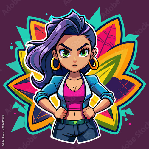 Sticker featuring a stylish girl striking a confident pose against a backdrop of vibrant graffiti  adding urban flair to t-shirt designs