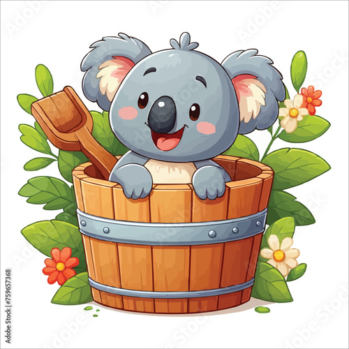 Cheerful koala in a wooden bucket cartoon vector illustration photo